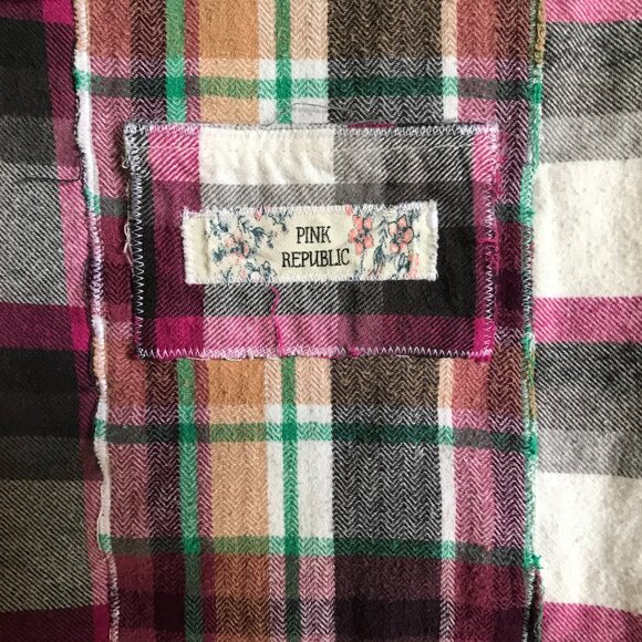 Patchwork Hoodie, Plus Size XL-2X: Upcycled Gray Magenta Plaid Boho Jacket - Picture 6 of 15